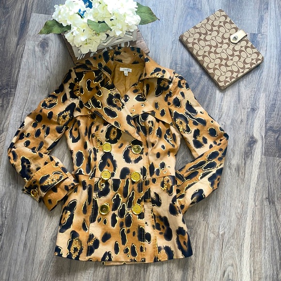Cache Leopard Print Double-Breasted Trench Coat small - Picture 1 of 5